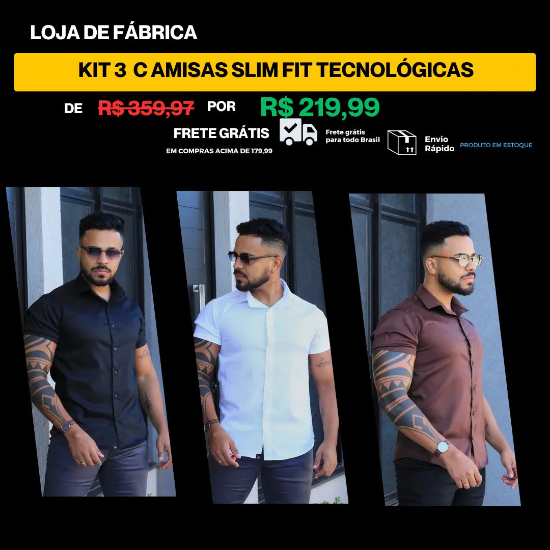 Kit 3 Camisas Slim Fit Tecnologicas Passa Facil com Elastano | Preto / Branco / Marrom – R$ 219,99