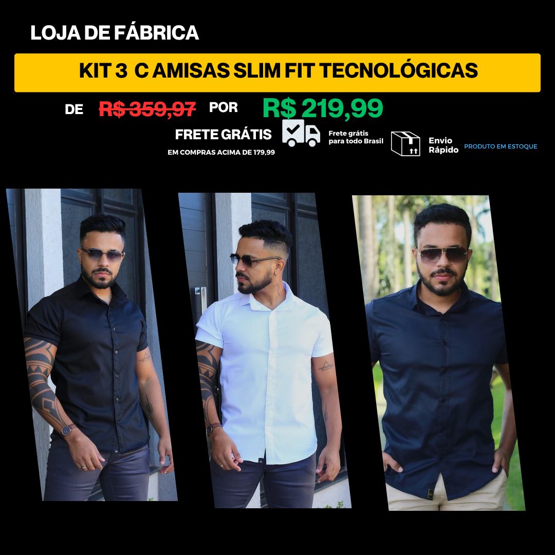 Kit 3 Camisas Slim Fit Tecnologicas Passa Facil com Elastano | Preto / Branco / Azul Marinho – R$ 219,99 (Cópia)