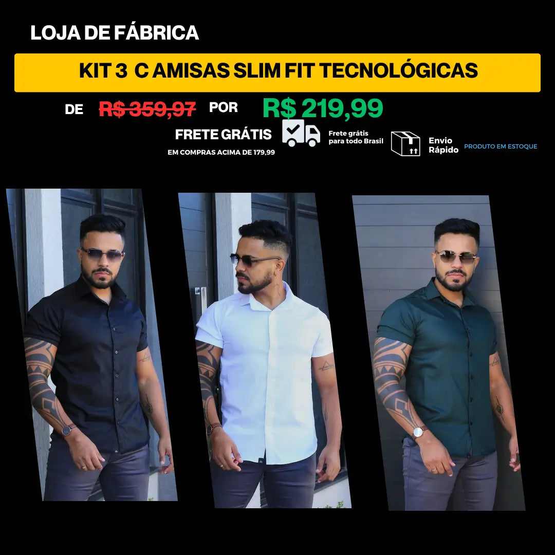 Kit 3 Camisas Slim Fit Tecnologicas Passa Facil com Elastano | Preto / Branco /Verde Militar – R$ 219,99