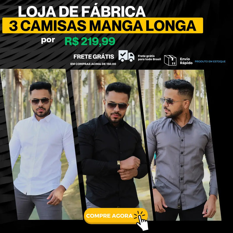 KIT 3 Manga Longa  Branco / Preto  / cinza Premium Com Elastano