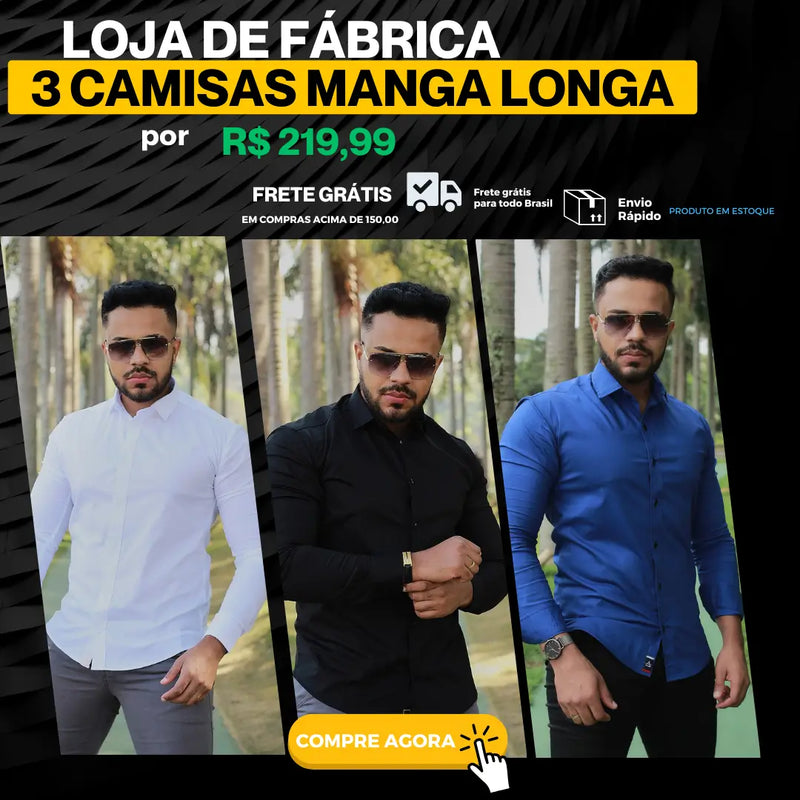 KIT 3 Manga Longa  Branco / Preto  / Azul Caneta Premium Com Elastano