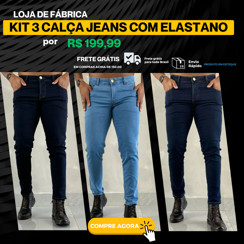 Kit 3 Calças Jeans Com Elastano Premium, Azul Intenso, Azul Medio , Azul Clara