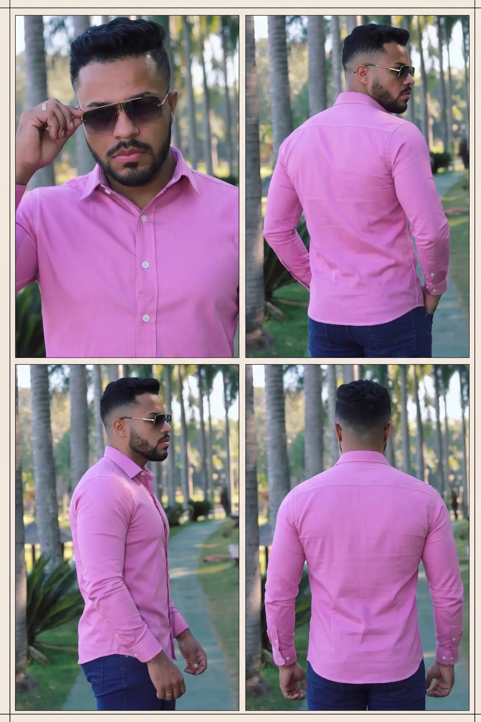 Camisa slim fit Pink manga longa Com Elastano
