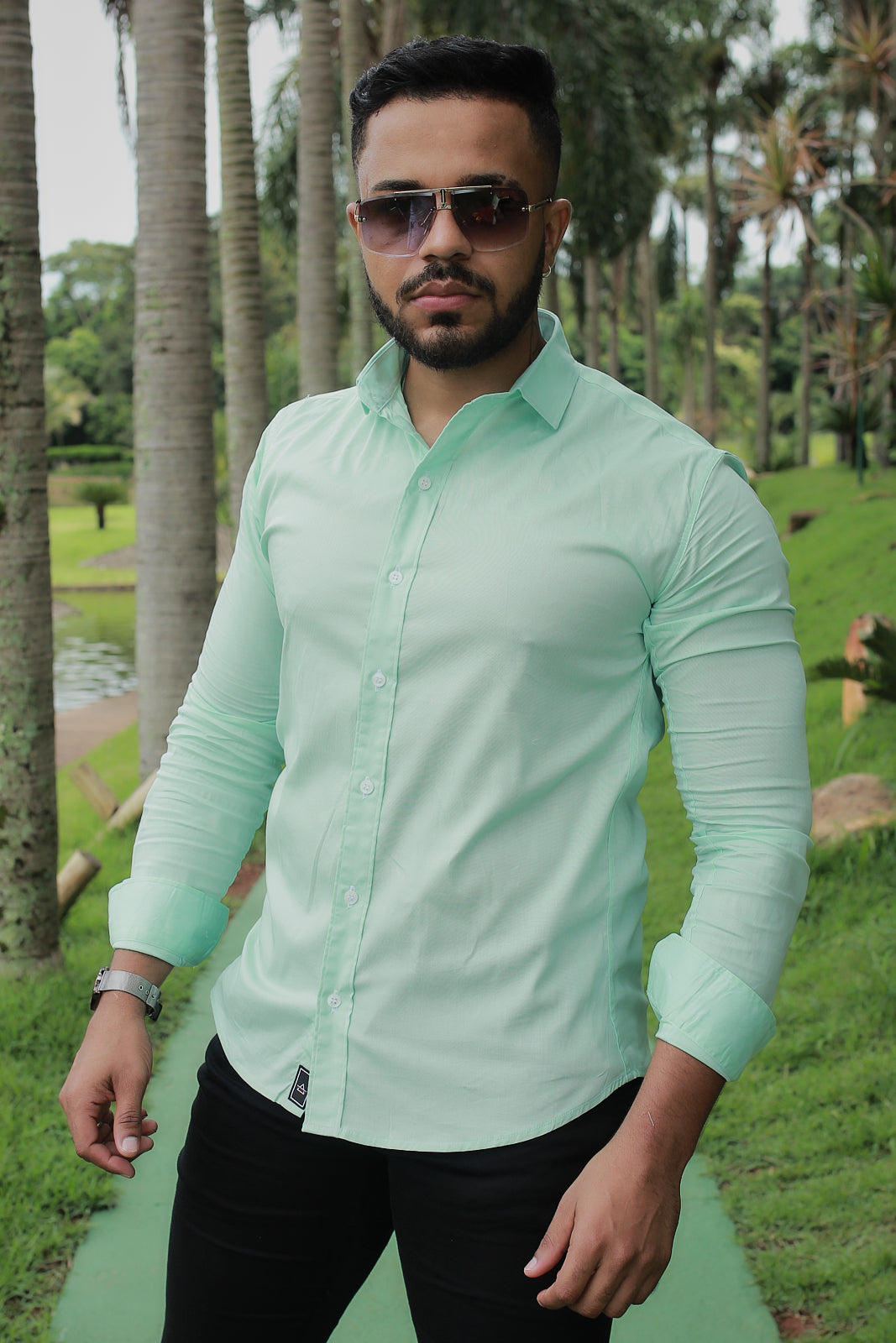 Camisa slim fit verde água manga longa