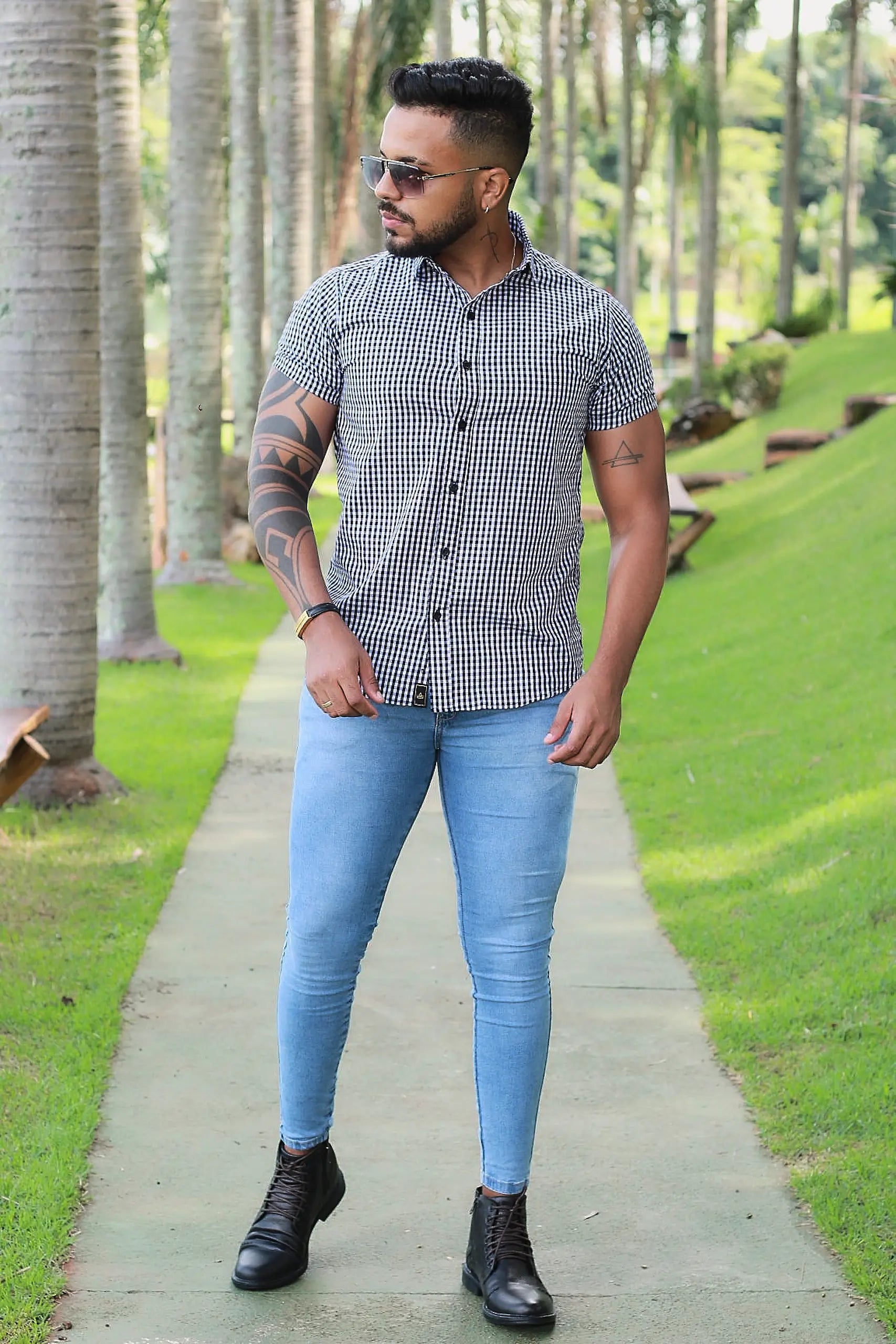 Camisa Slim Fit Xadrez Premium Micro Xadrez Preto e Branco