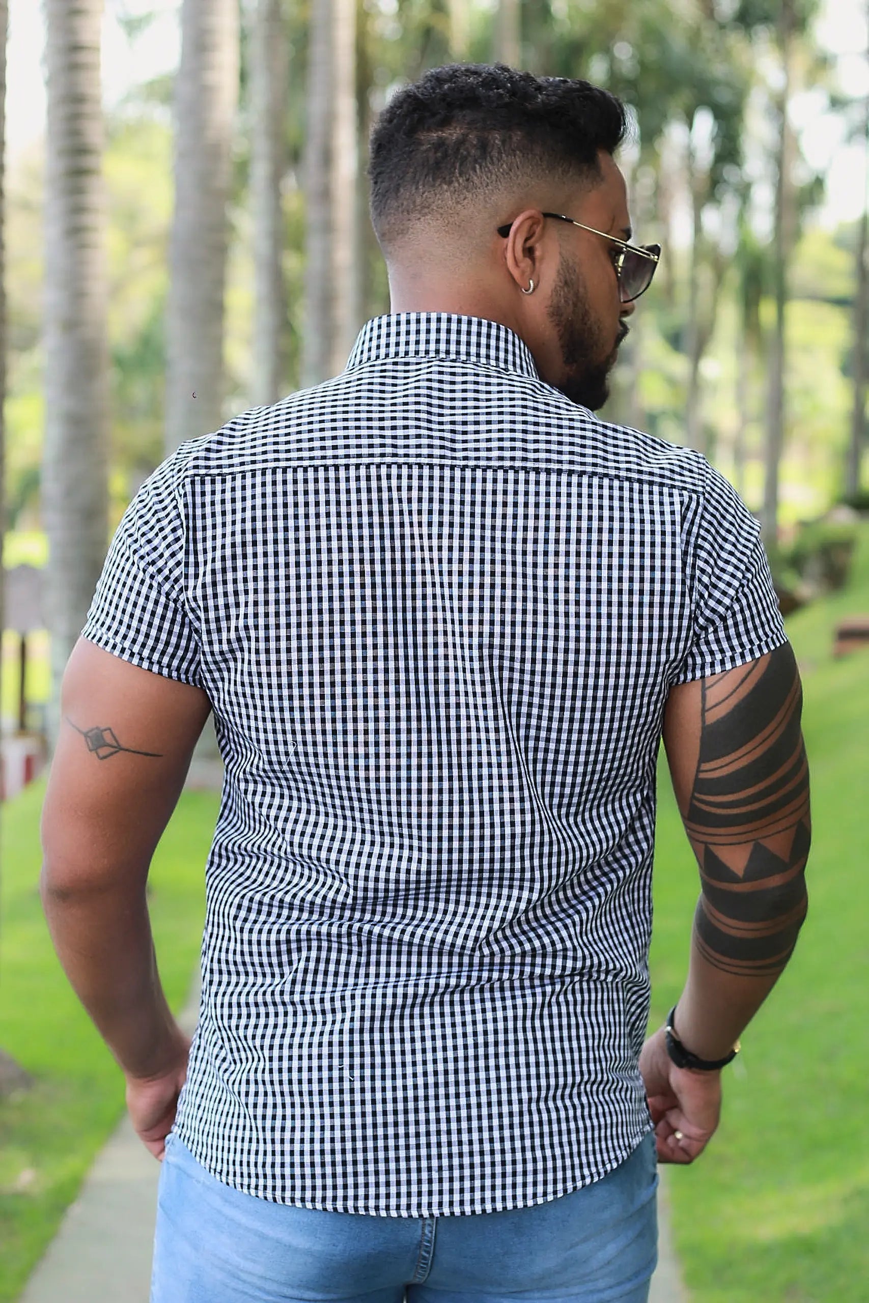 Camisa Slim Fit Xadrez Premium Micro Xadrez Preto e Branco