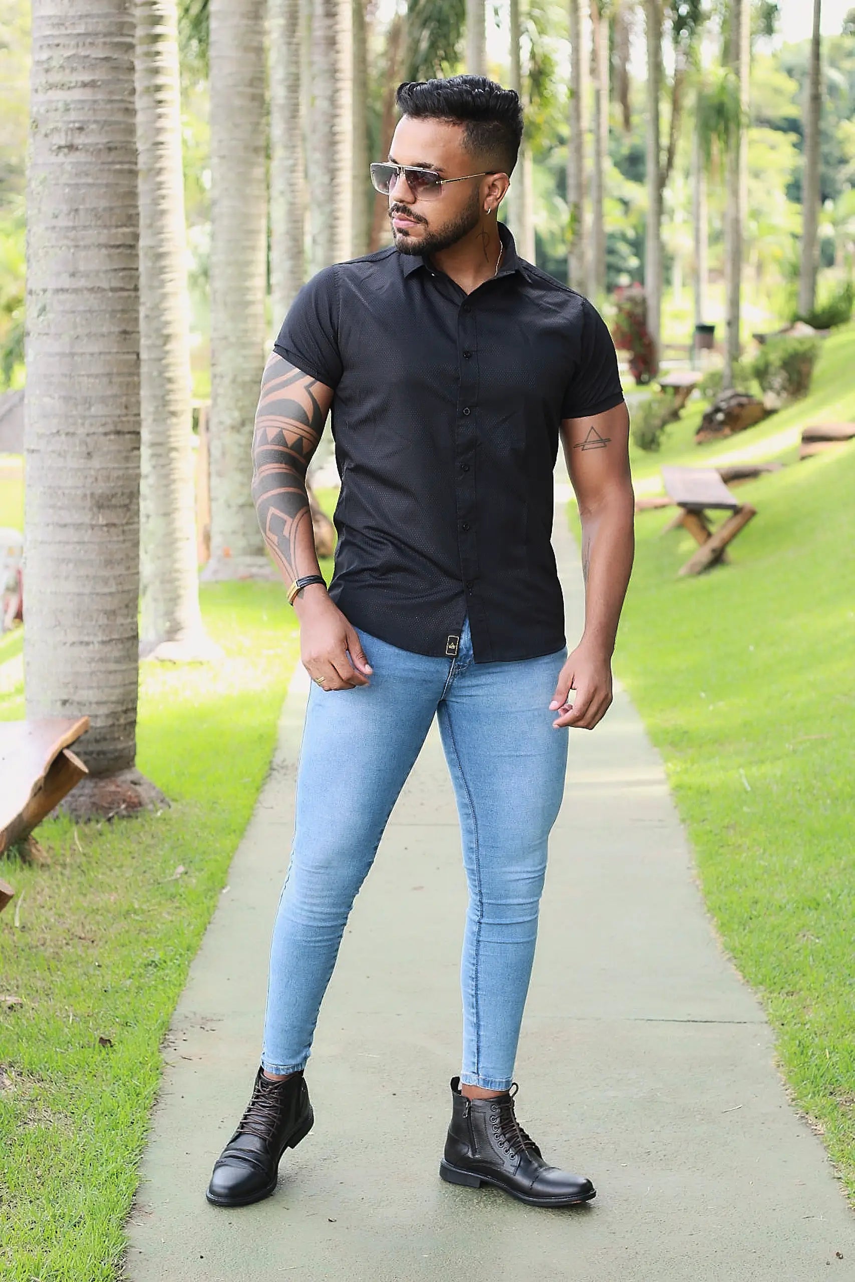 Camisa Slim Fit Premium Preta Pontilhada Alto Relevo Premium