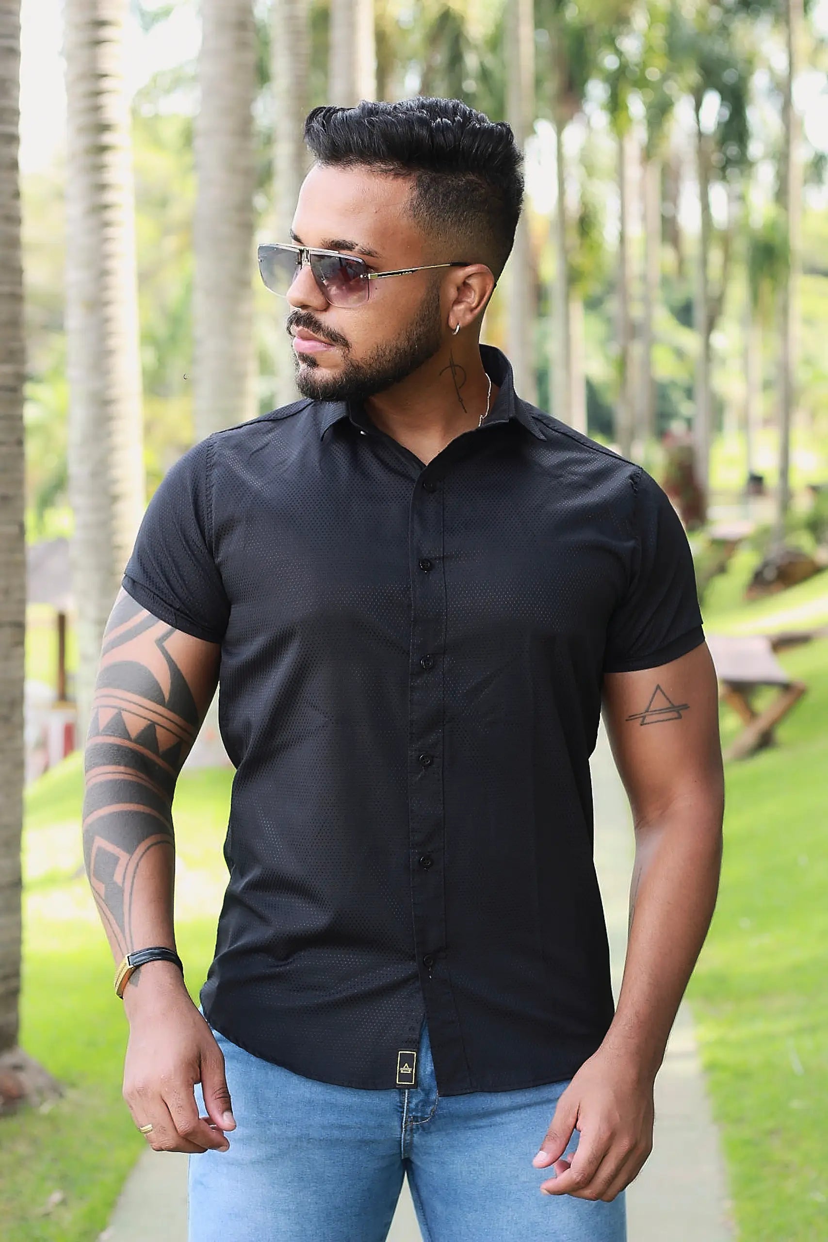 Camisa Slim Fit Premium Preta Pontilhada Alto Relevo Premium