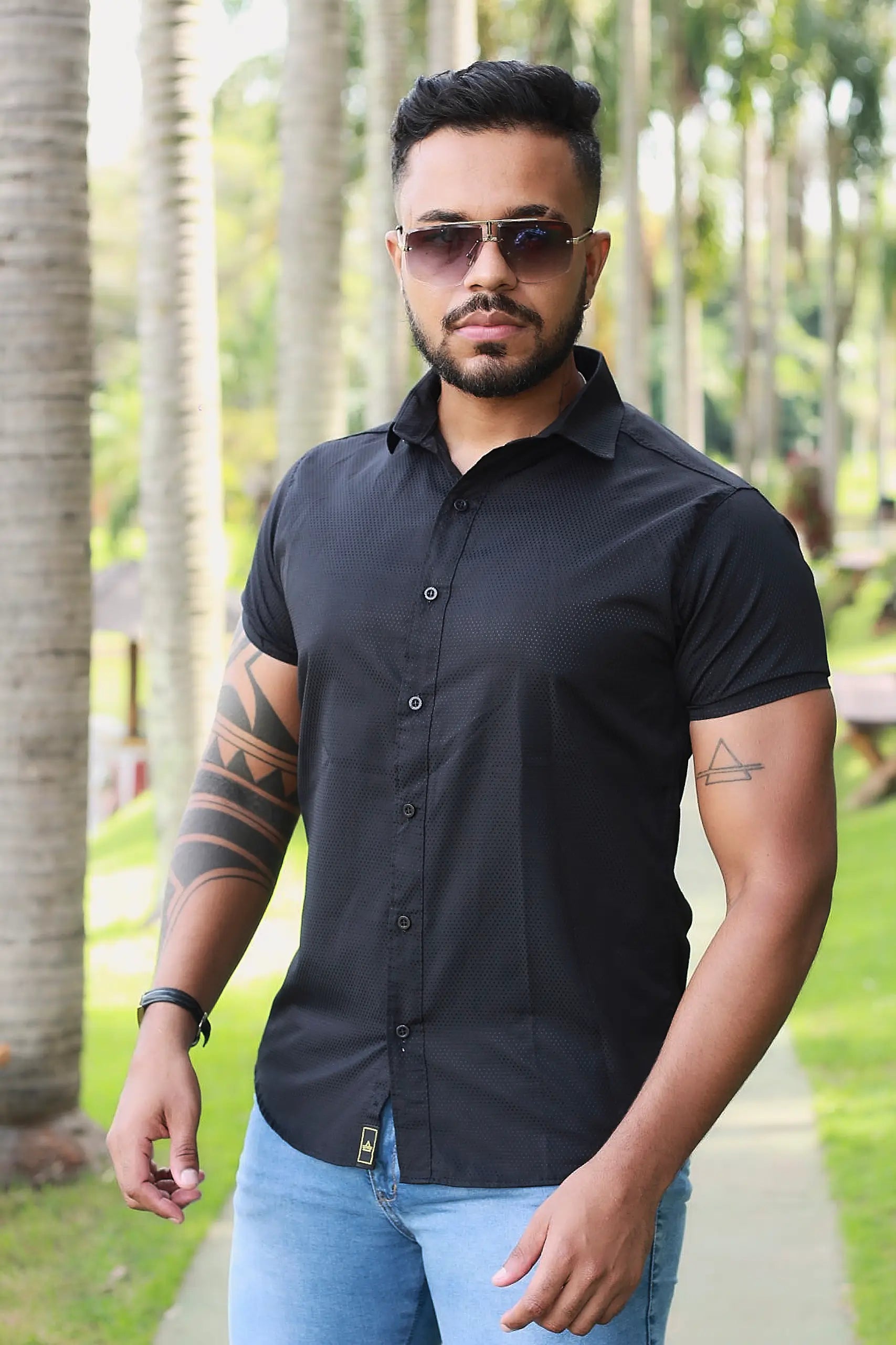 Camisa Slim Fit Premium Preta Pontilhada Alto Relevo Premium