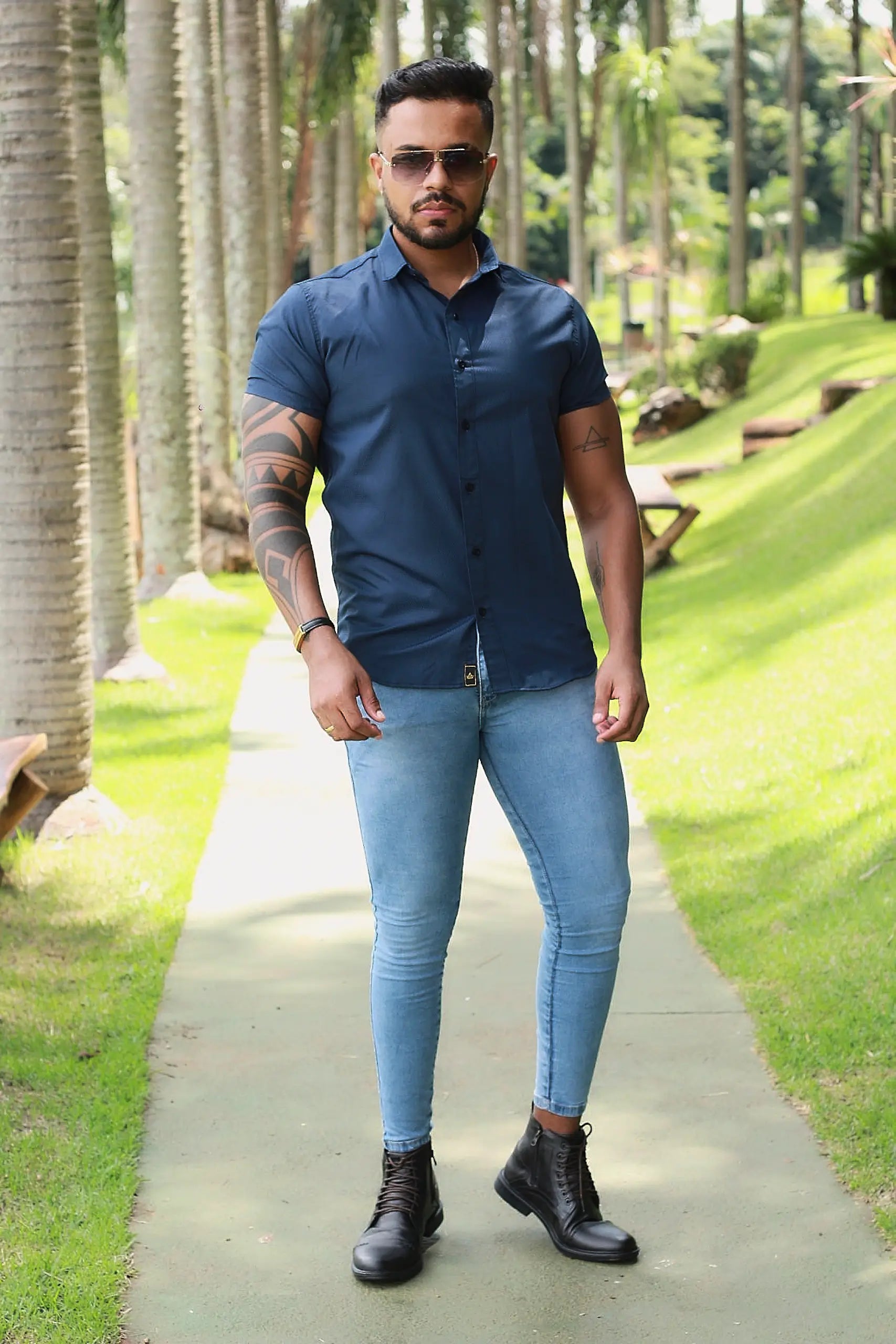 Camisa Slim Fit Premium Azul Pontilhada Alto Relevo Premium