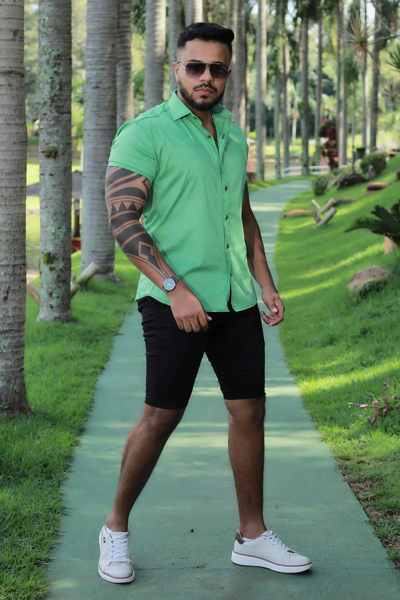 Camisa Slim fit Algodão Premium Verde Com Elastano