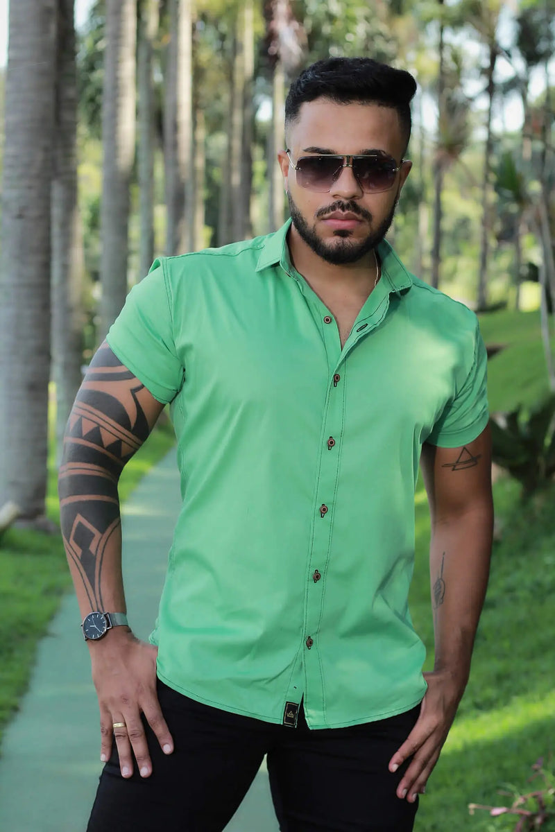 Camisa Slim fit Algodão Premium Verde Com Elastano