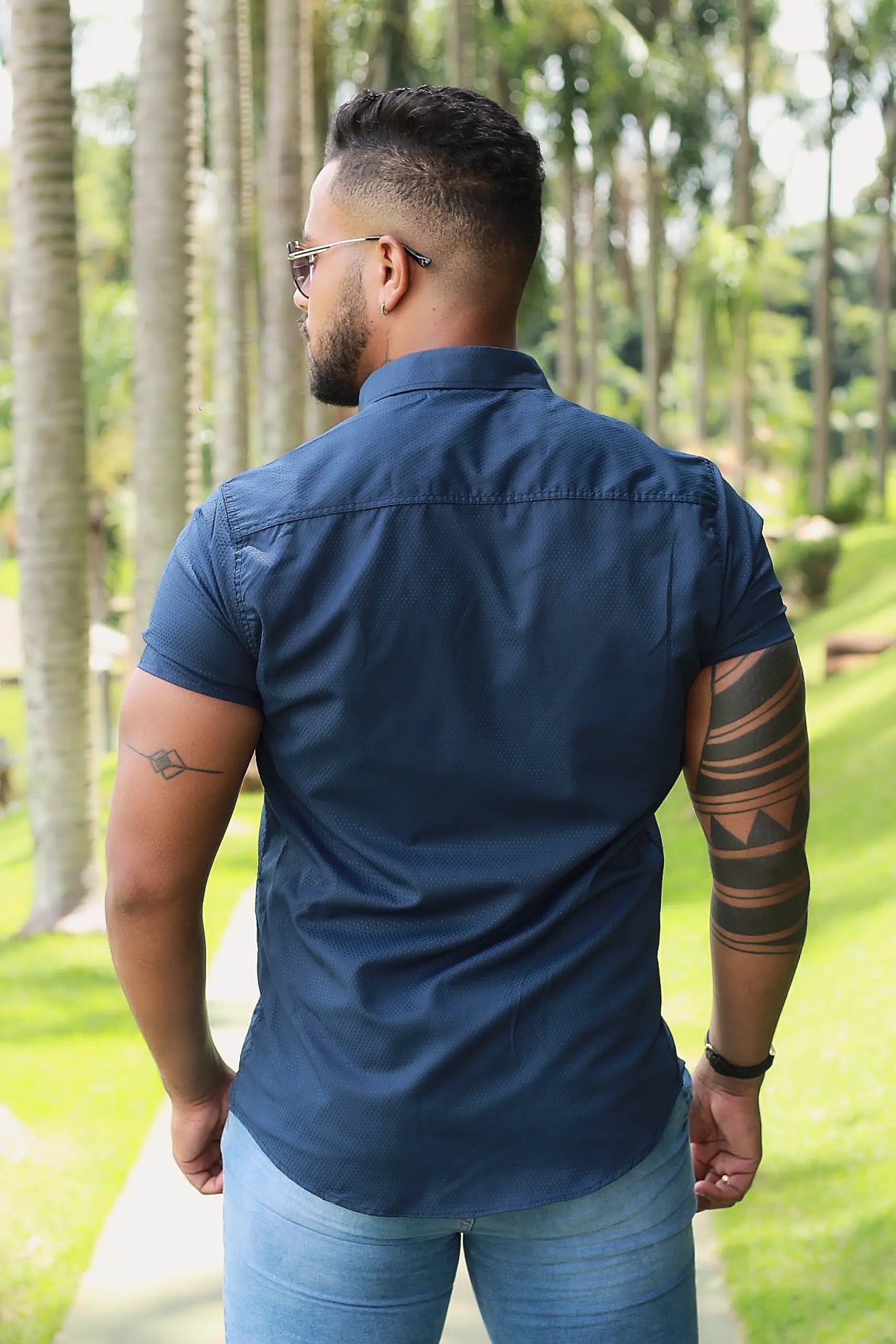 Camisa Slim Fit Premium Azul Pontilhada Alto Relevo Premium