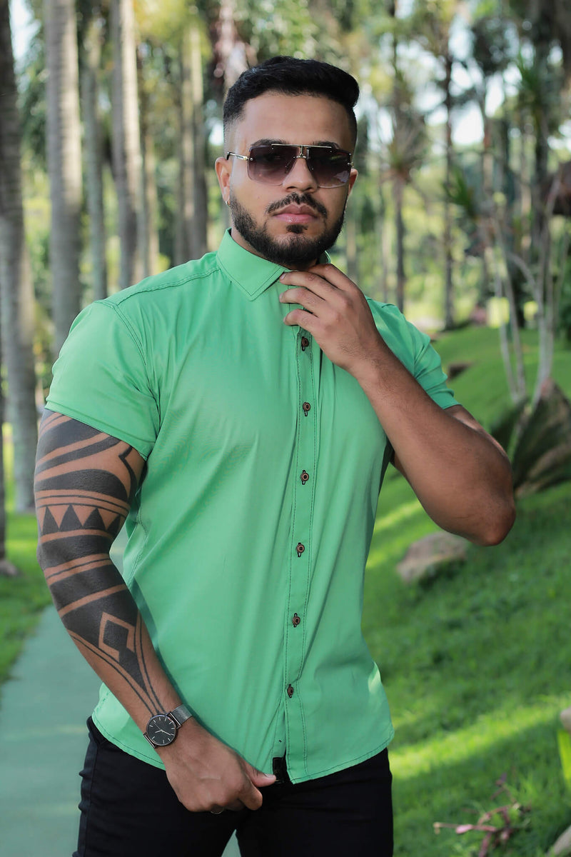 Camisa Slim fit Algodão Premium Verde Com Elastano