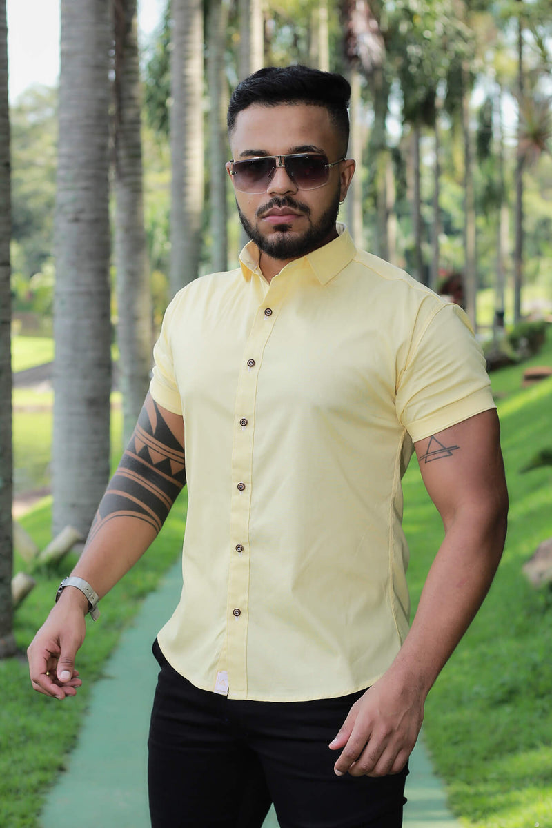 Camisa Slim Fit Premium Amarela Algodão Premium Com Elastano