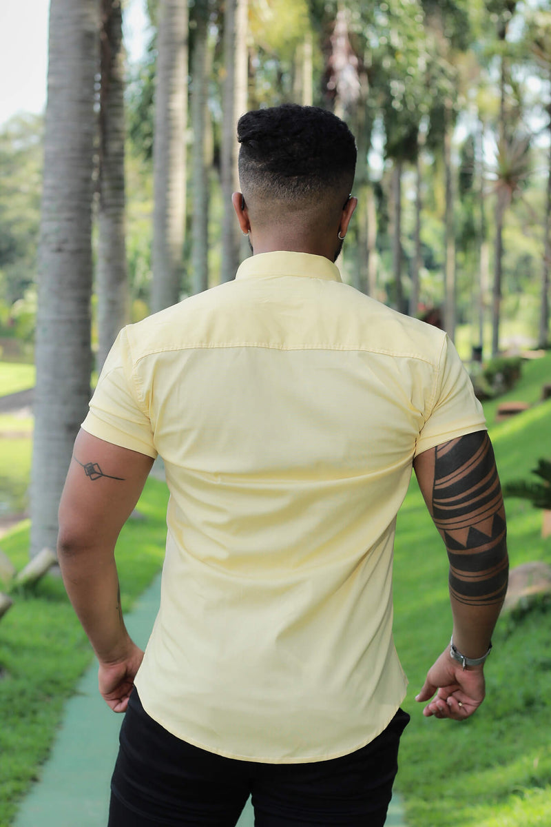 Camisa Slim Fit Premium Amarela Algodão Premium Com Elastano