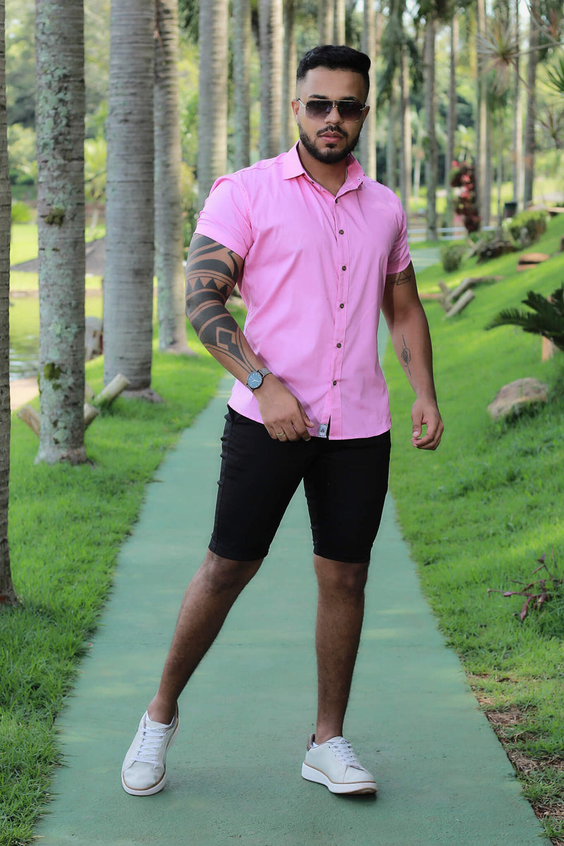 Camisa Slim Fit Rosa Algodão Premium Com Elastano