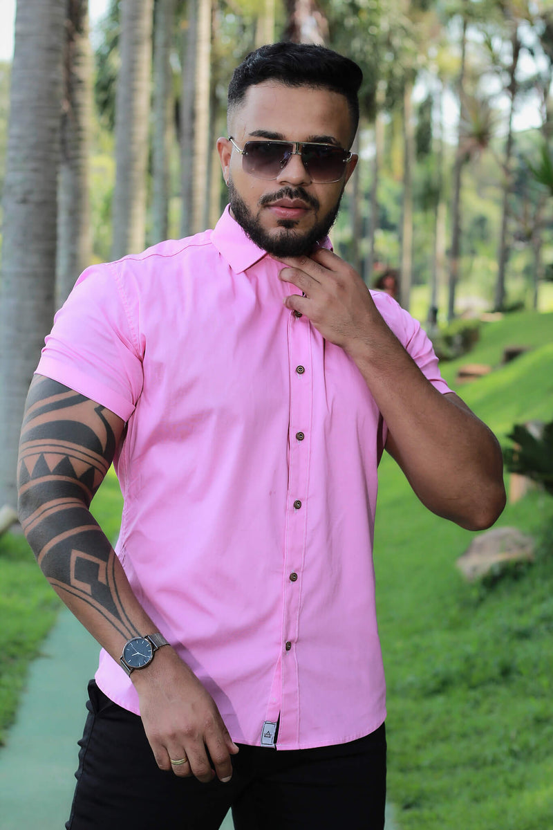 Camisa Slim Fit Rosa Algodão Premium Com Elastano