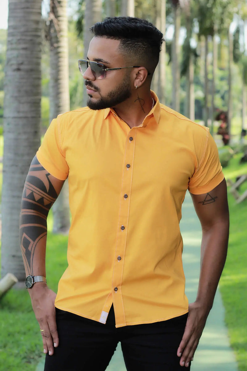 Camisa Slim Fit Laranja Com Botões Madeirado Algodão Premium Com elastano