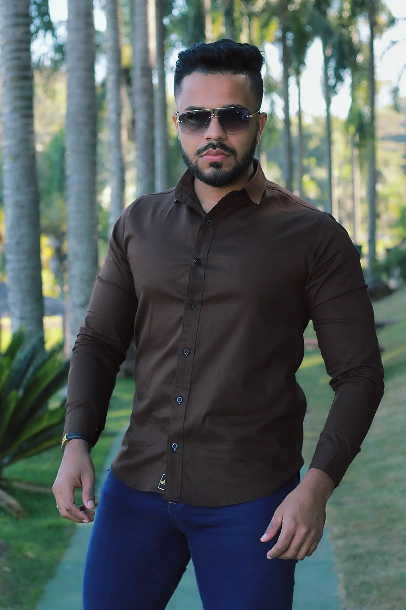 Camisa slim fit Marrom Chocolate manga longa