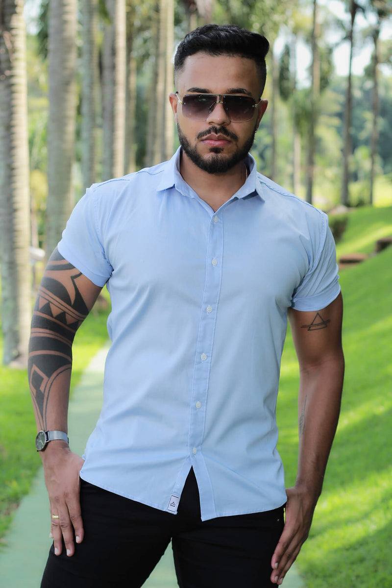Camisa Slim Fit Azul BB Lisa Algodão Premium Com elastano