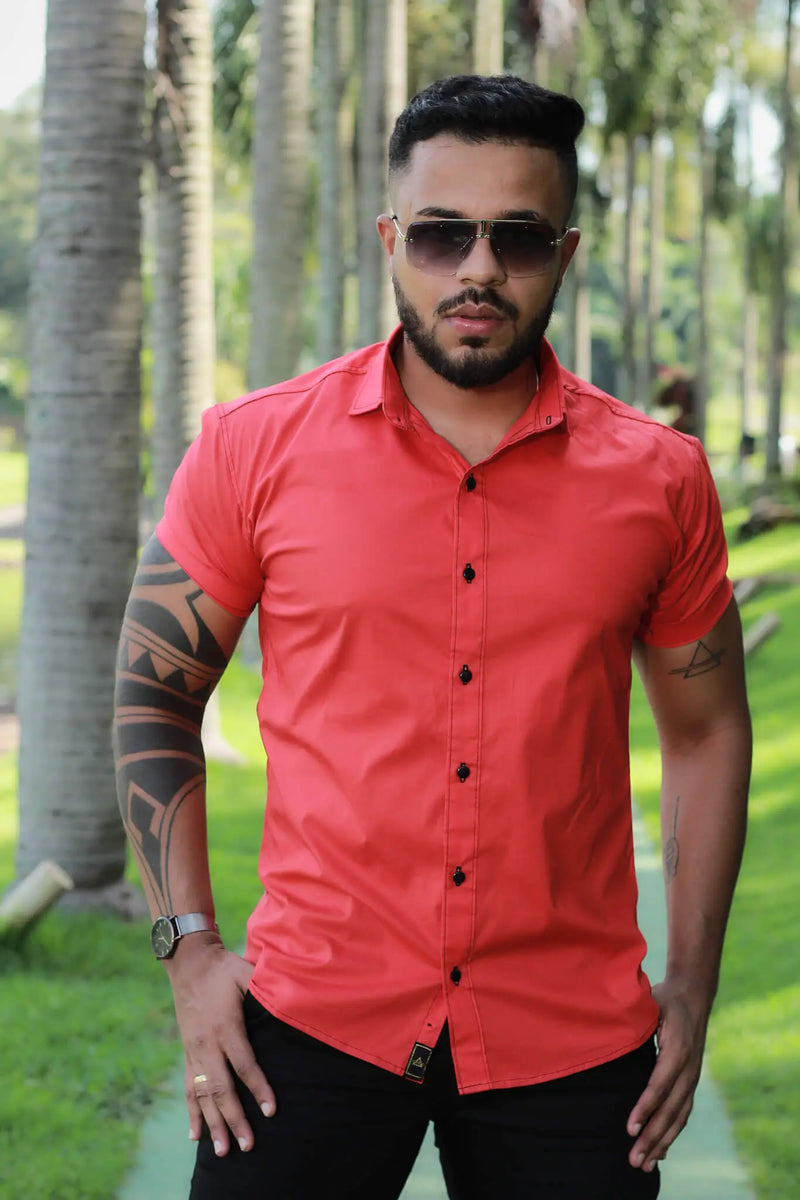 Camisa Slim Fit Vermelha Algodão Premium Com elastano