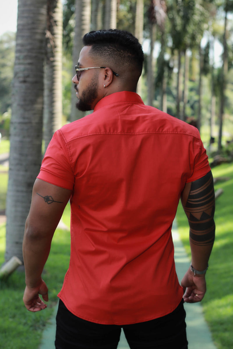 Camisa Slim Fit Vermelha Algodão Premium Com elastano