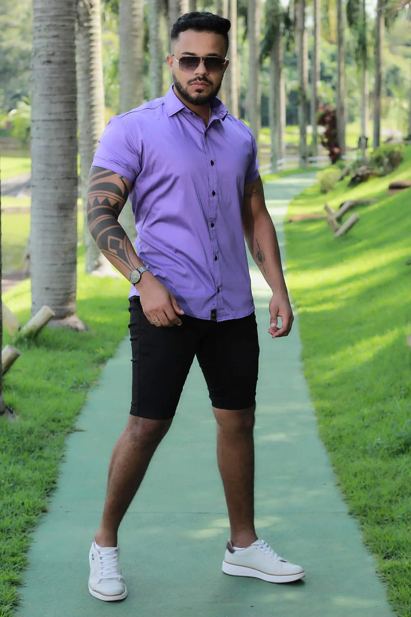 Camisa Slim Fit Lilas Jad Algodão Premium Com elastano