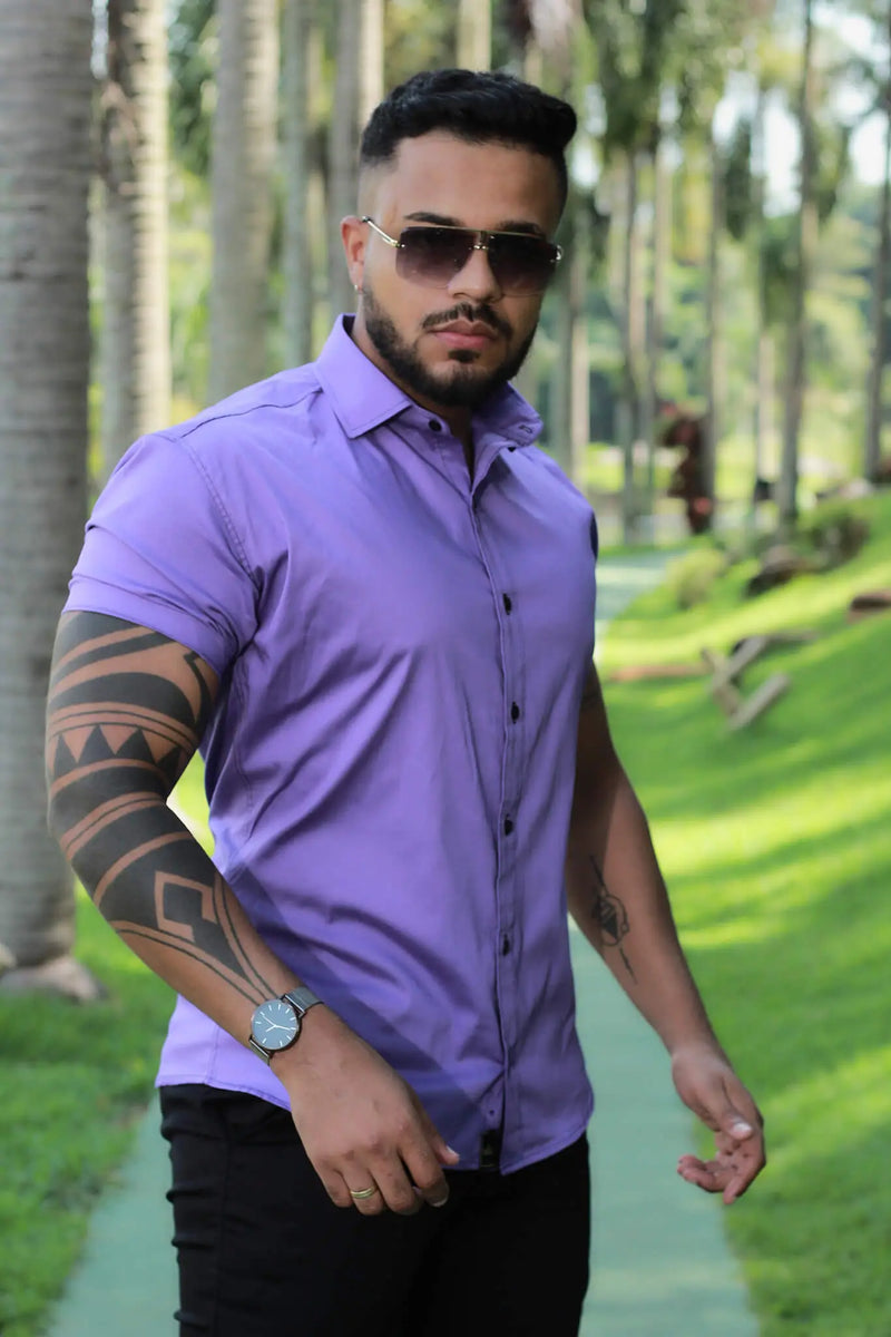 Camisa Slim Fit Lilas Jad Algodão Premium Com elastano