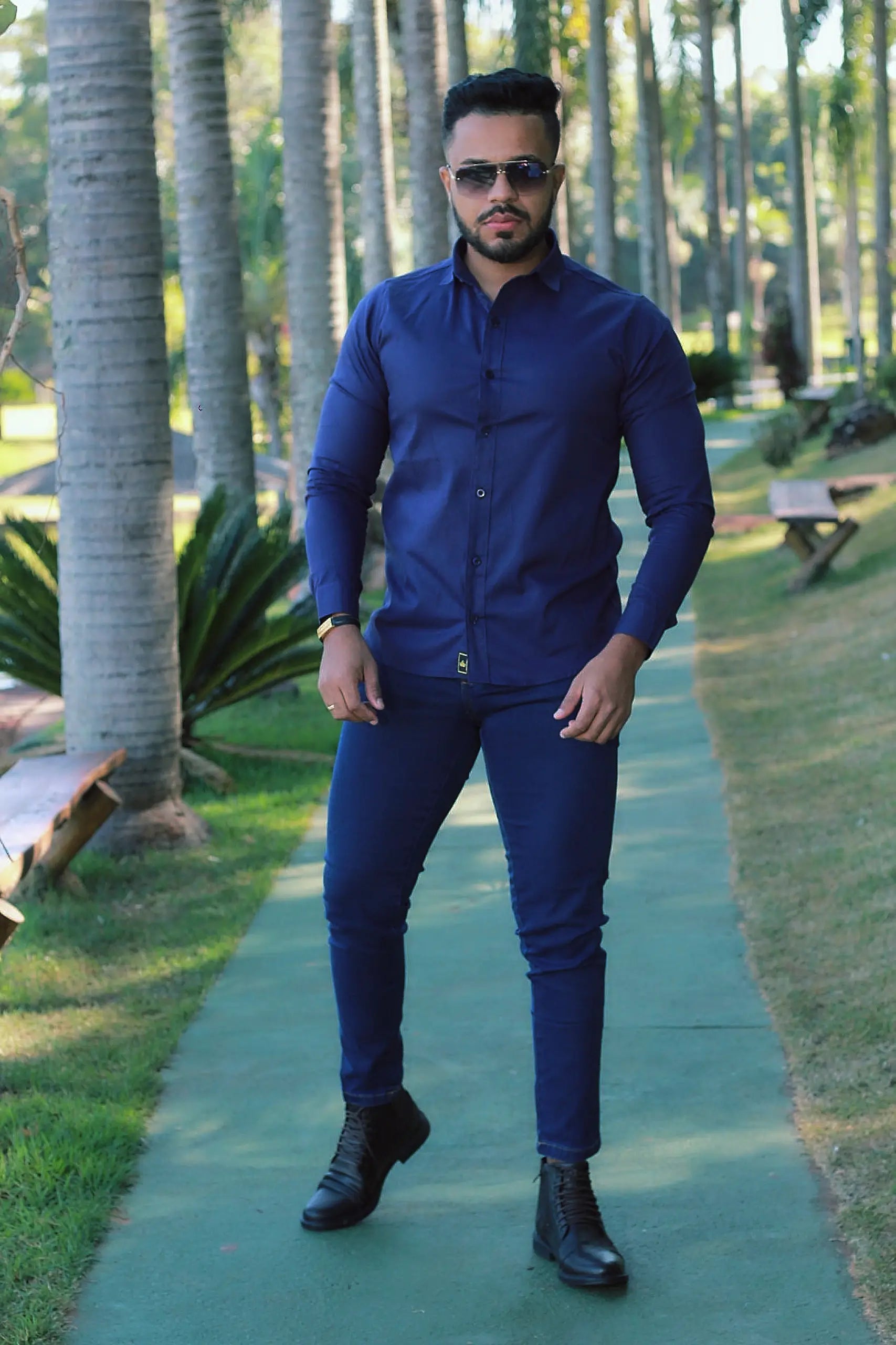 Camisa Slim Fit Azul Marinho Manga Longa