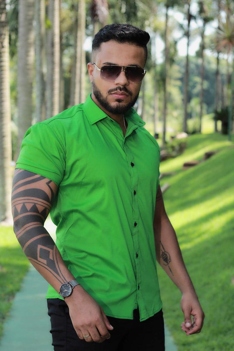 Camisa Slim Fit Verde Bandeira Algodão Premium Com elastano