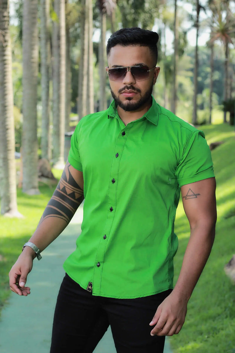 Camisa Slim Fit Verde Bandeira Algodão Premium Com elastano