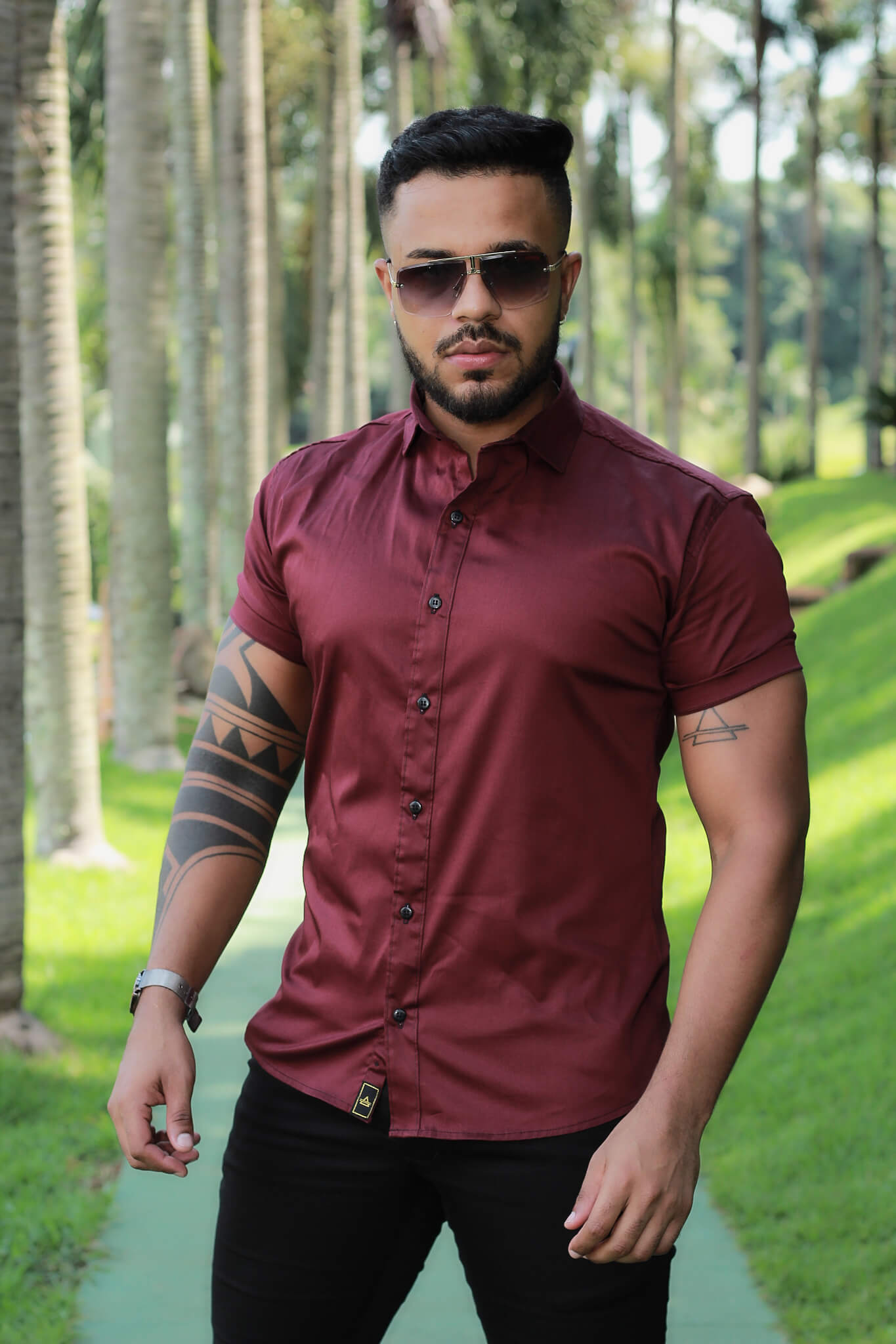 Camisa Slim Fit Marsala Algodão Premium Com elastano Acetinada