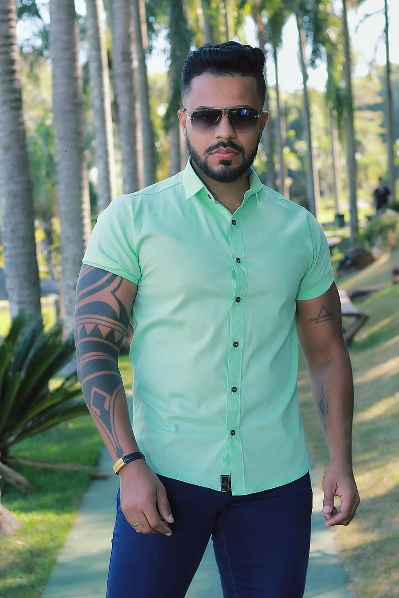 Camisa Slim Fit Verde Menta Lisa Algodão Premium Com elastano