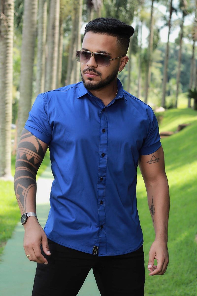 Camisa Slim Fit Azul Caneta Algodão Premium Com elastano