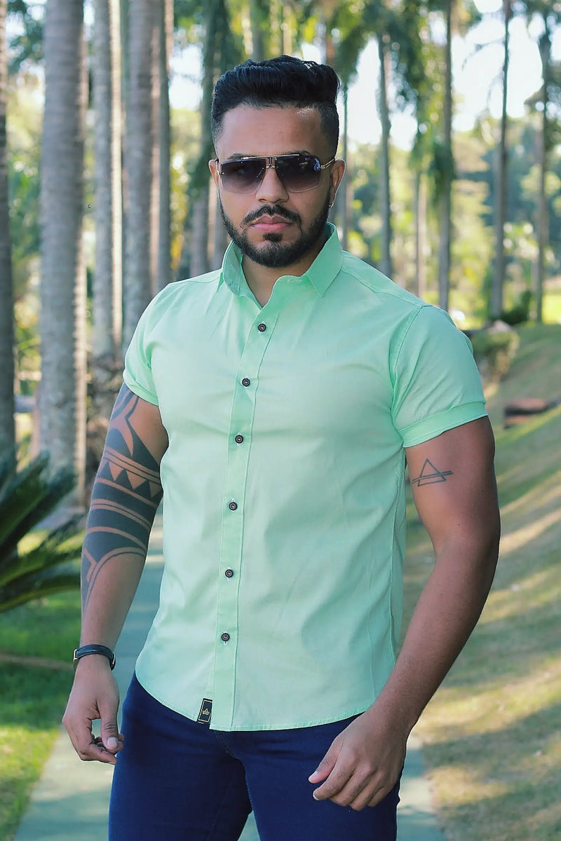 Camisa Slim Fit Verde Menta Lisa Algodão Premium Com elastano