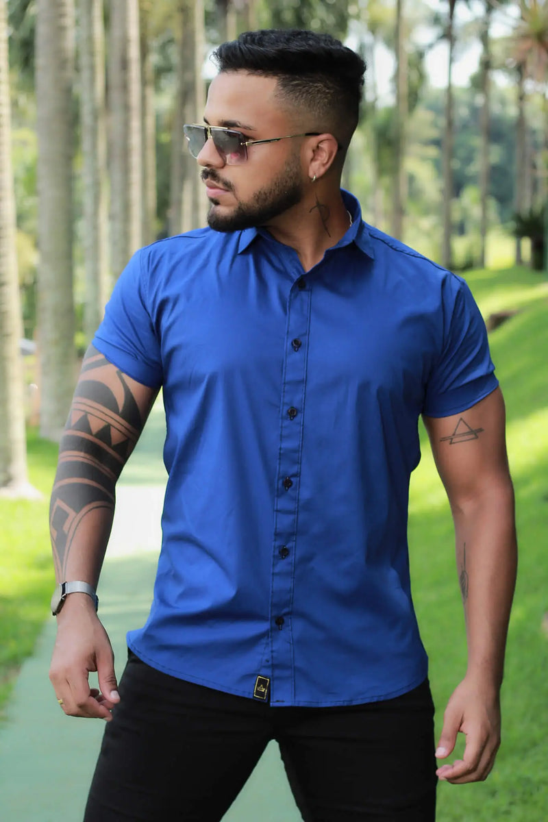 Camisa Slim Fit Azul Caneta Algodão Premium Com elastano