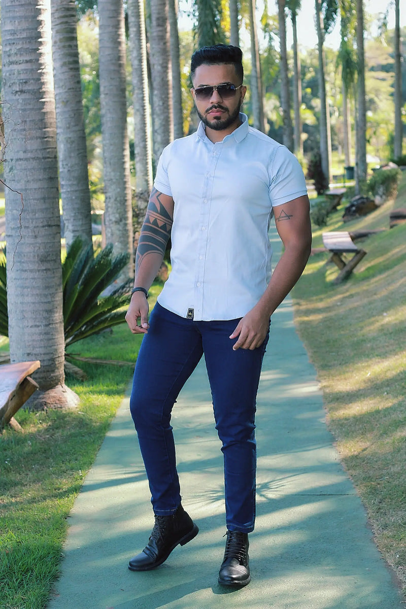 Camisa Slim Fit Azul Bêbê Algodão  Premium Com elastano Acetinada