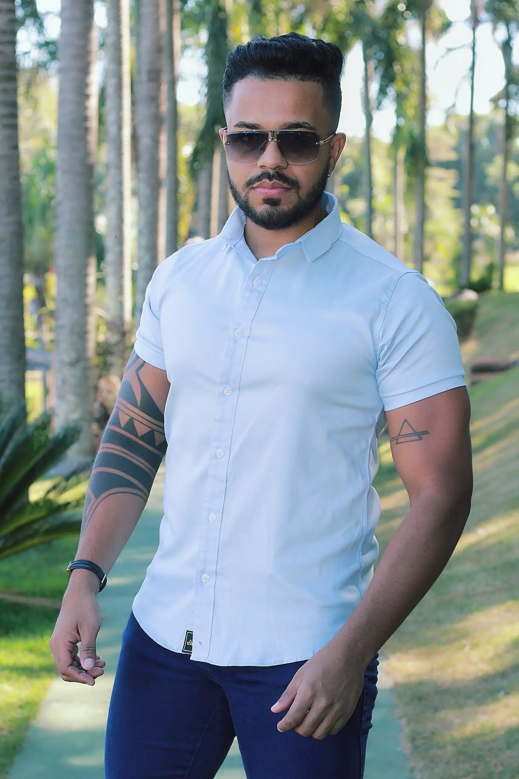 Camisa Slim Fit Azul Bêbê Algodão  Premium Com elastano Acetinada