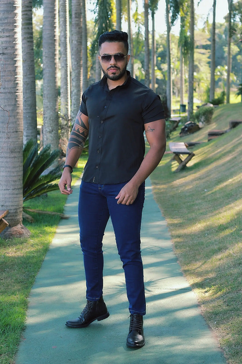 Camisa Slim Fit Preta Lisa Passa Facil (Não Amarrota)