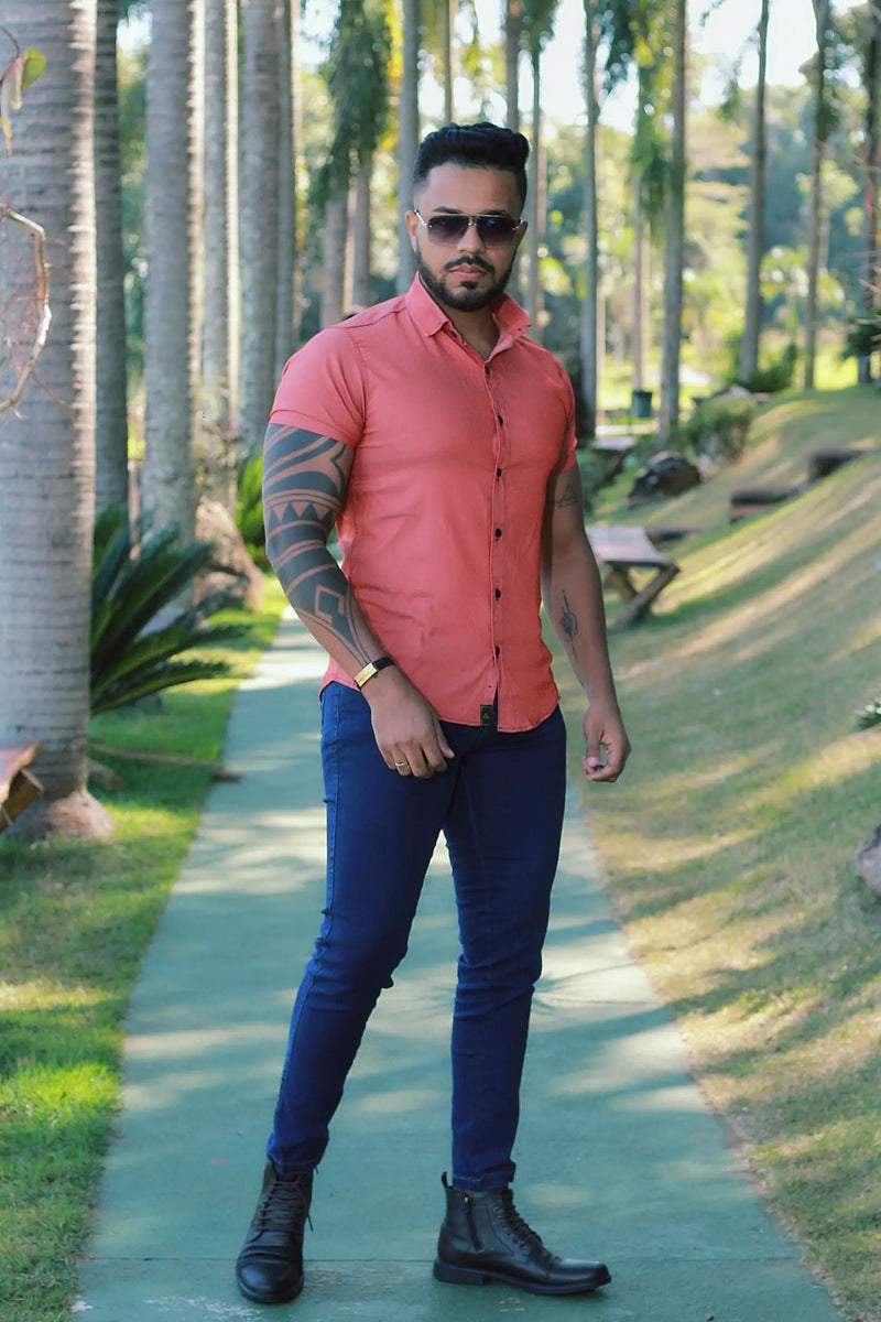Camisa Slim Fit com Tencel Terra Cota Elastano  Premium