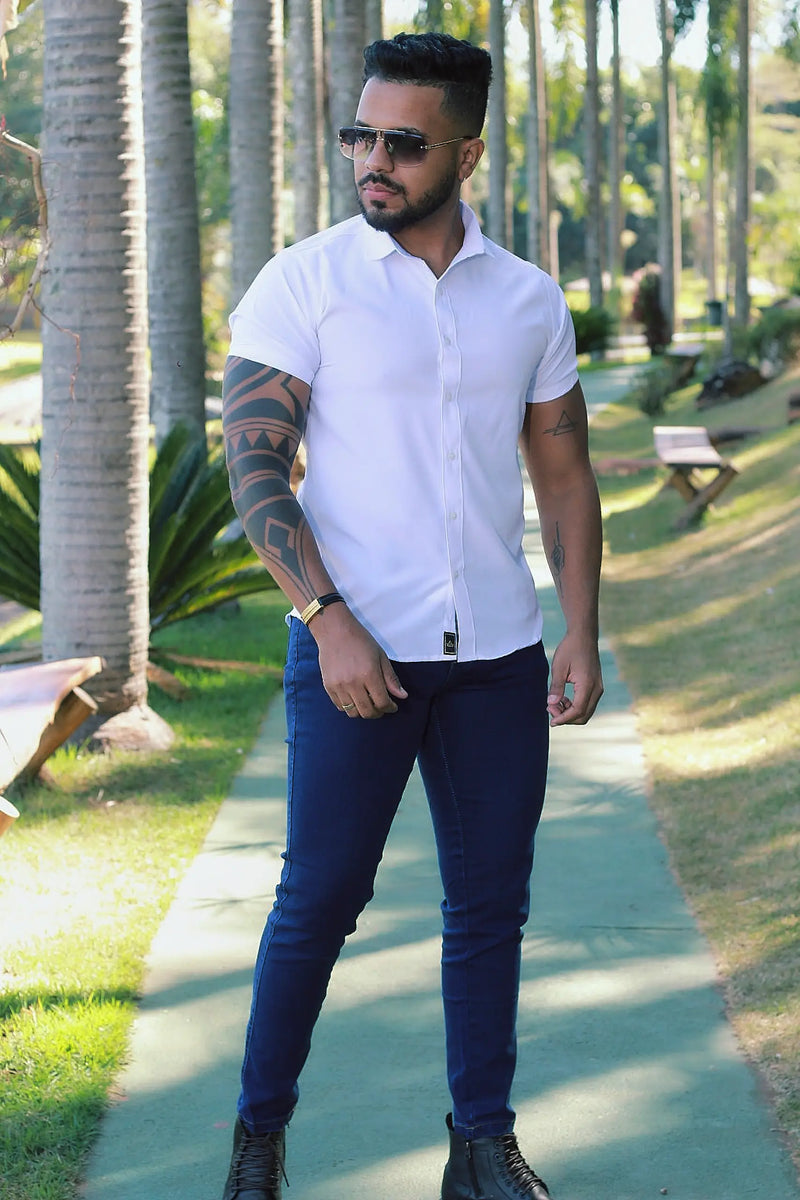 Camisa Slim Fit Branca Lisa Passa Facil (Não Amarrota)