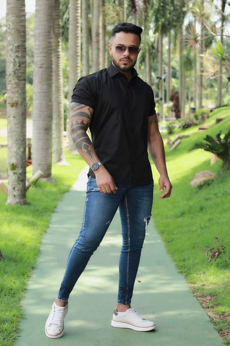 Camisa Slim Fit Preta Lisa Algodão Premium Com elastano