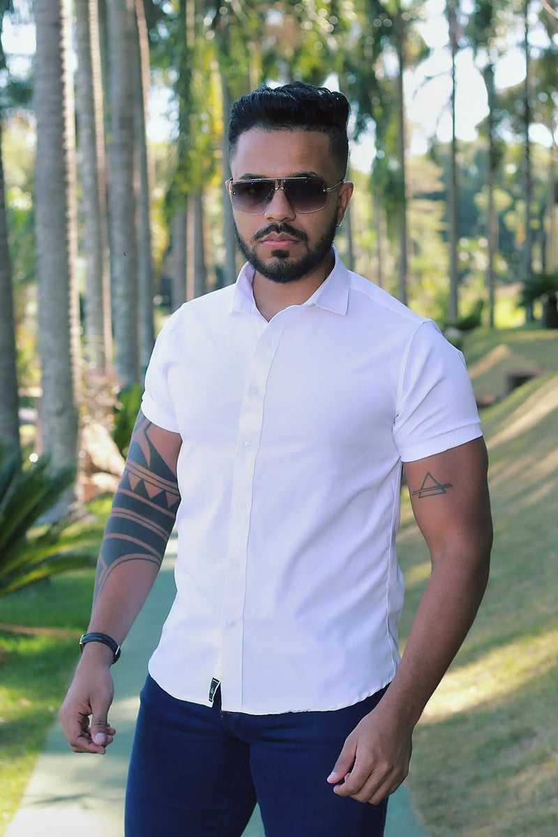 Camisa Slim Fit Branca Lisa Passa Facil (Não Amarrota)
