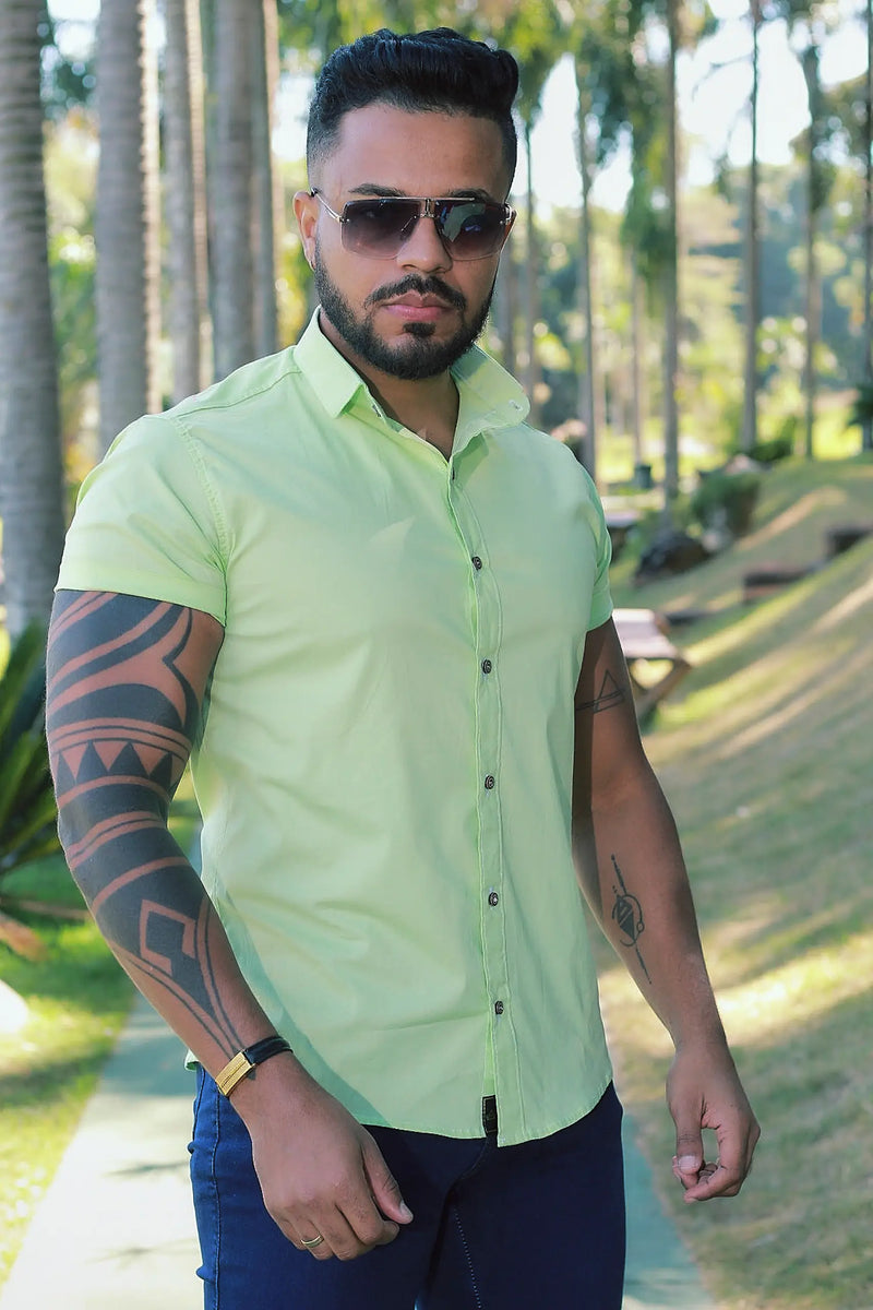 Camisa Slim Fit  Verde Lima Lisa Algodão Premium Com elastano