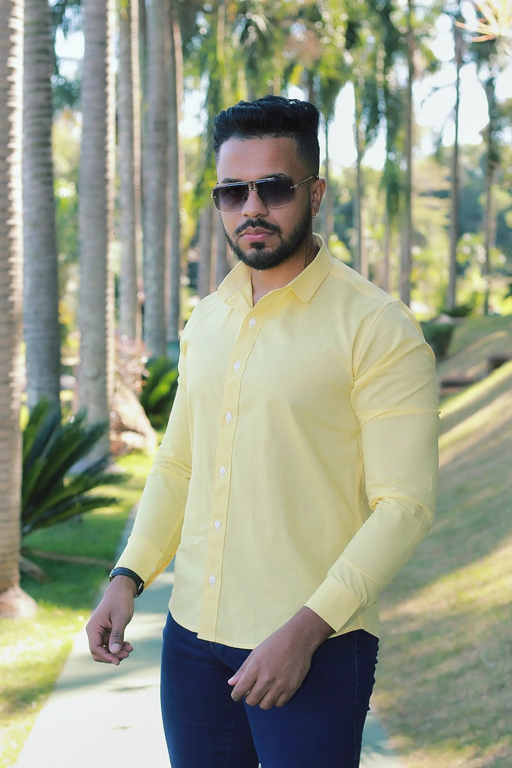 Camisa slim fit Amarelo canario manga longa