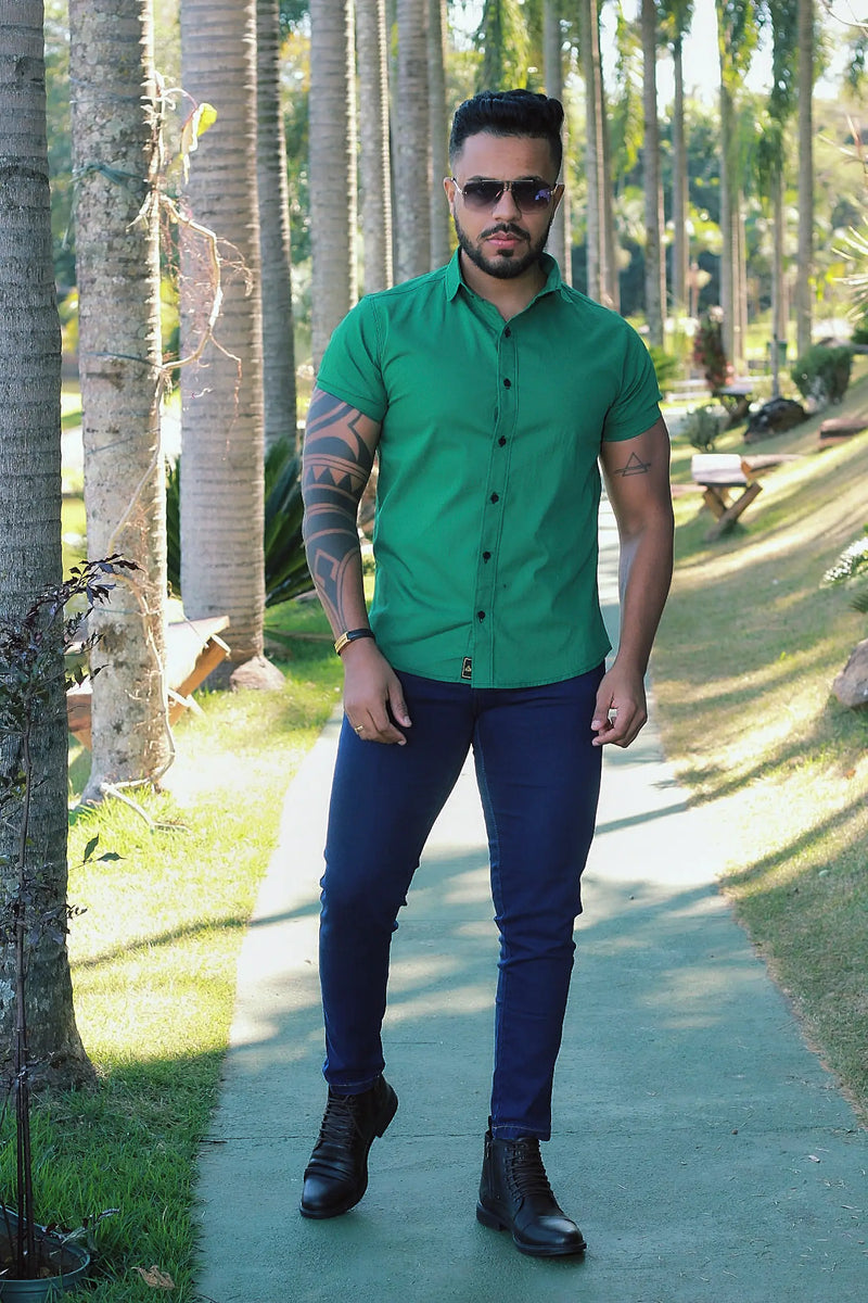 Camisa Slim Fit  Verde Bandeira Lisa Algodão Premium Com elastano