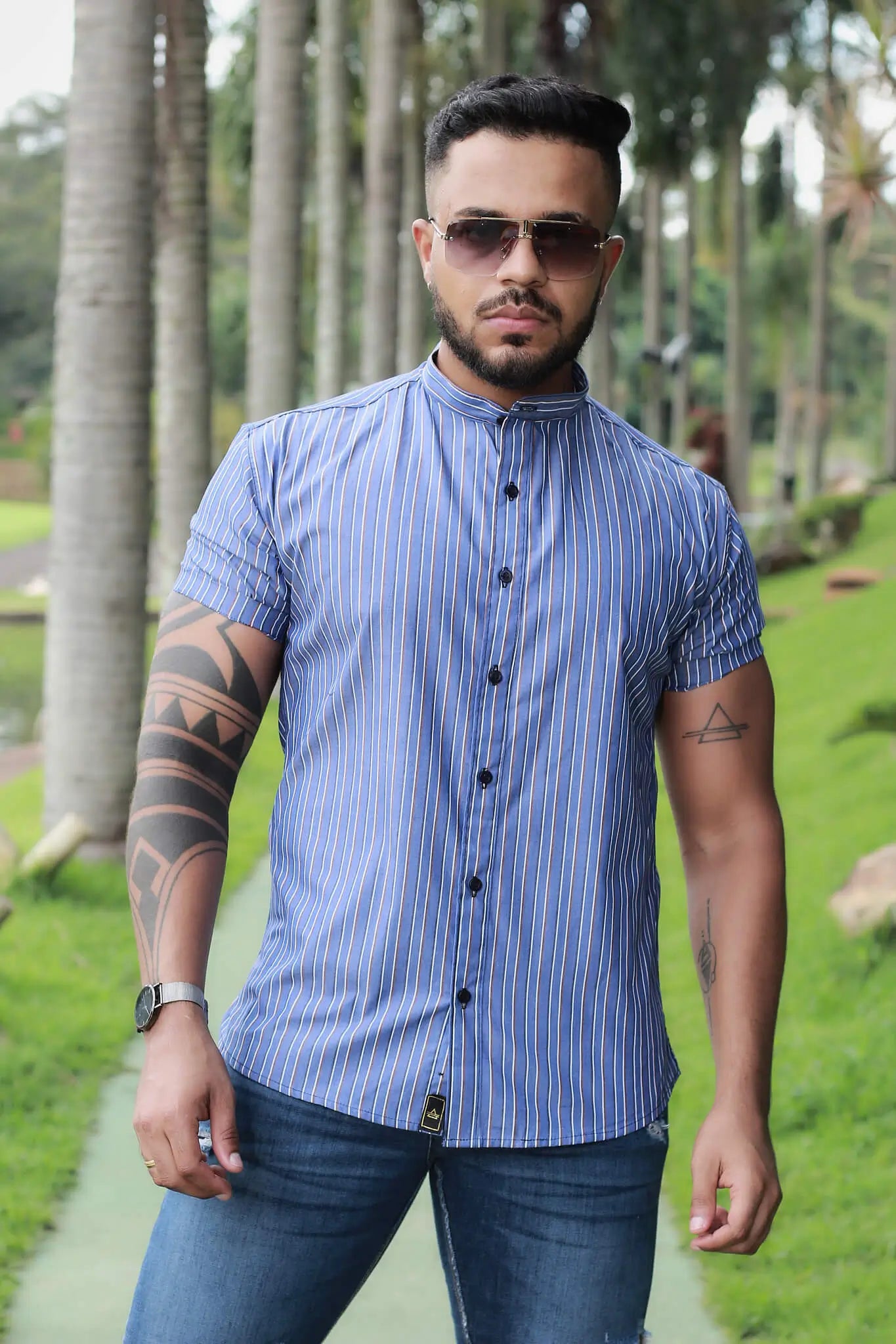 Camisa Slim Fit Listrado Tokyo Algodão Premium Gola Padre