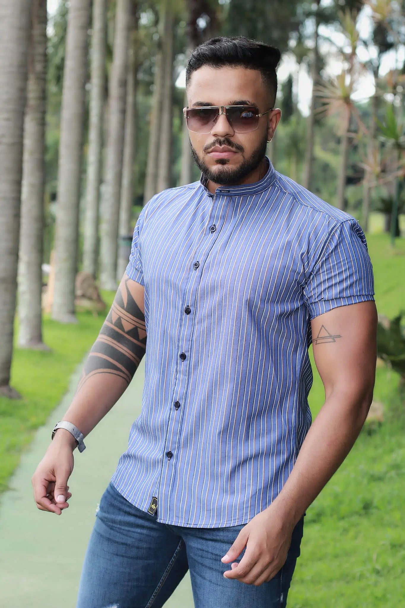 Camisa Slim Fit Listrado Tokyo Algodão Premium Gola Padre