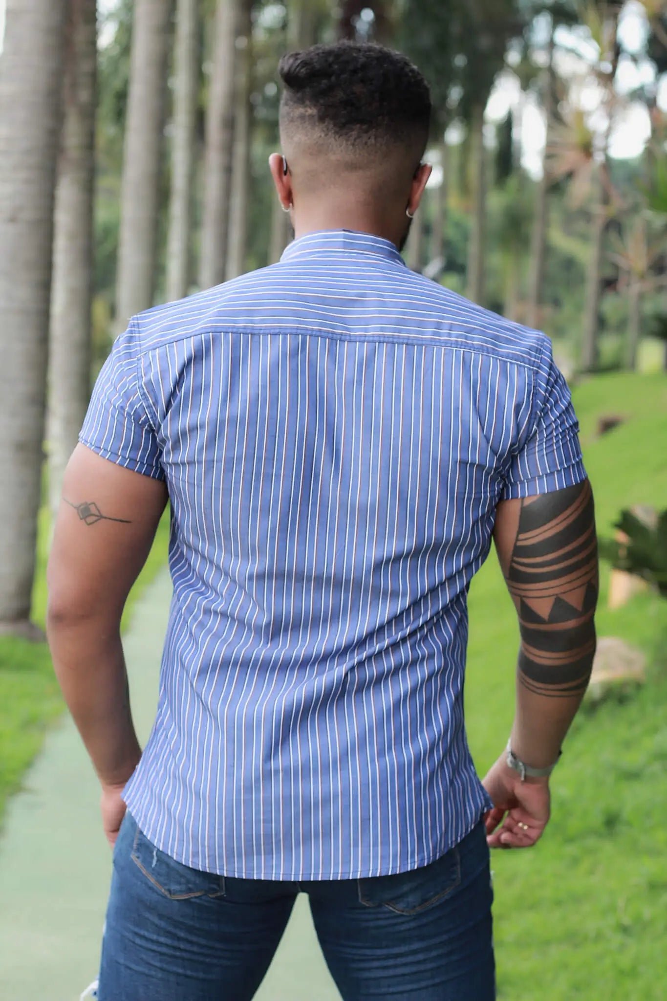 Camisa Slim Fit Listrado Tokyo Algodão Premium Gola Padre